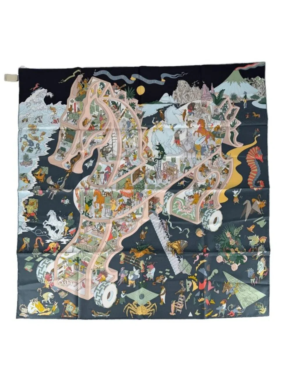 Hermes Scarf Carre 90 Academia Hippica Silk Green Multicolor Vintage